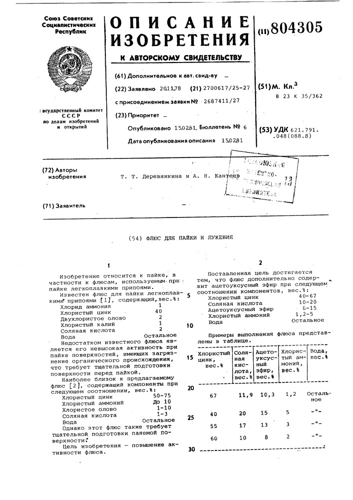 Флюс для пайки и лужения (патент 804305)