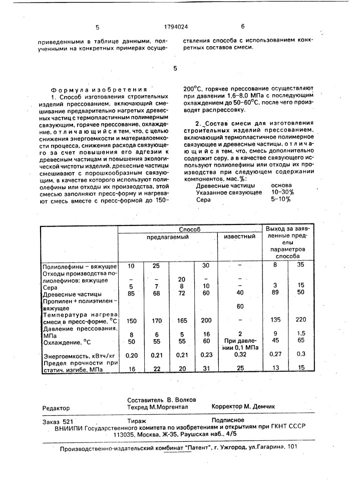 Способ изготовления строительных изделий прессованием и состав смеси для изготовлений строительных изделий по этому способу (патент 1794024)