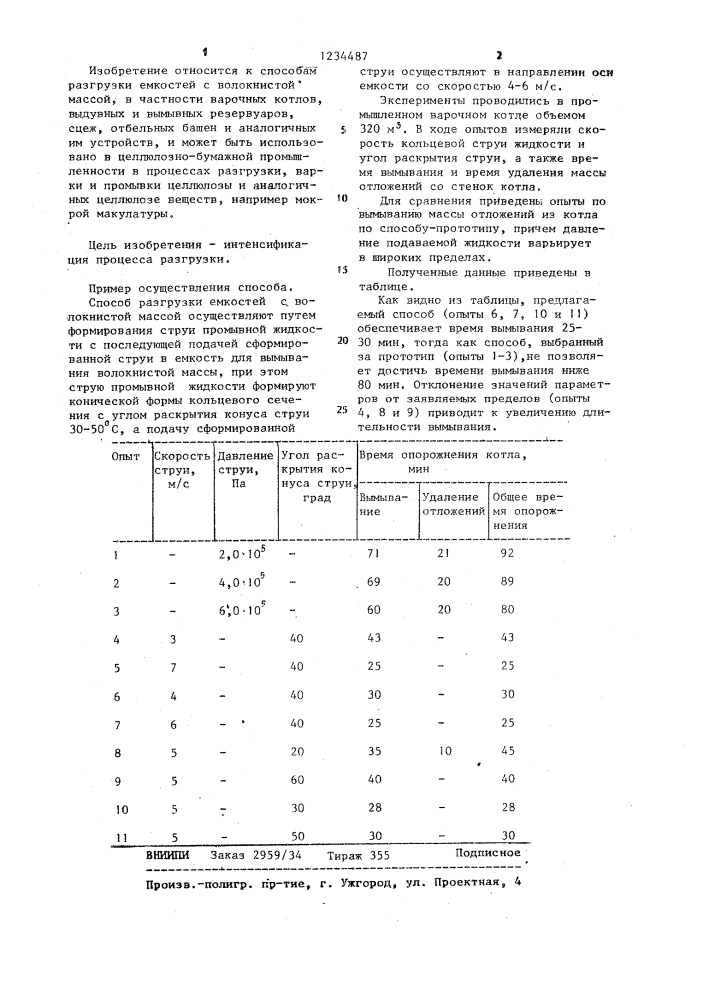 Способ разгрузки емкостей с волокнистой массой (патент 1234487)