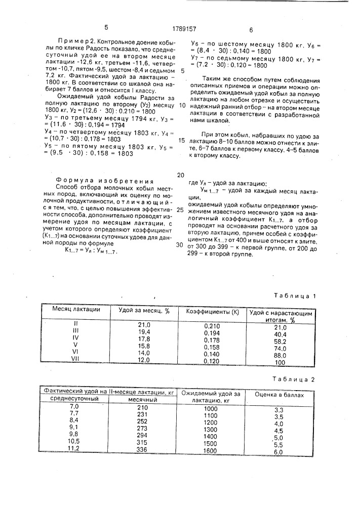 Способ отбора молочных кобыл местных пород (патент 1789157)