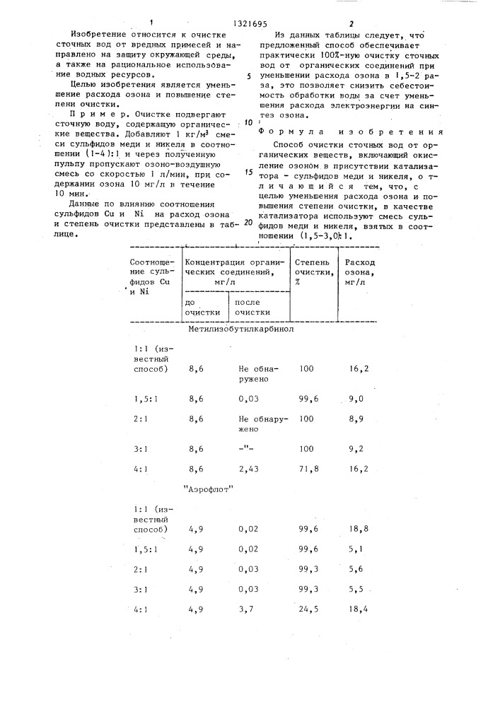 Способ очистки сточных вод от органических веществ (патент 1321695)