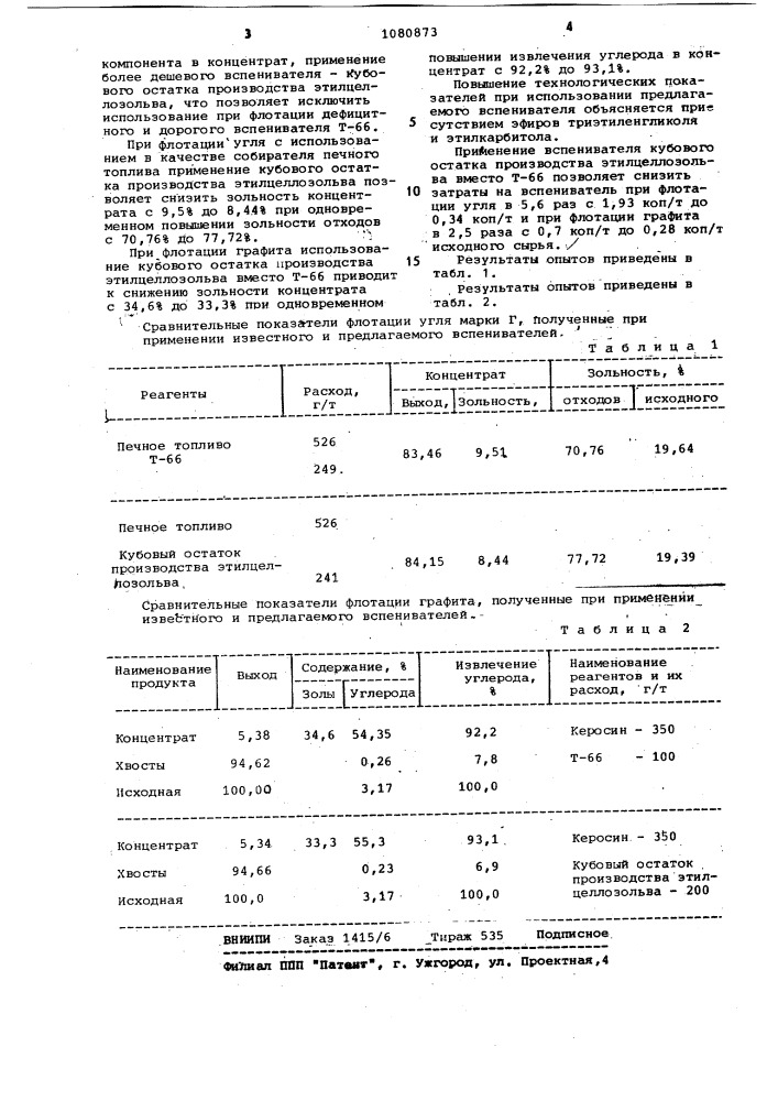 Вспениватель для флотации угля и графита (патент 1080873)