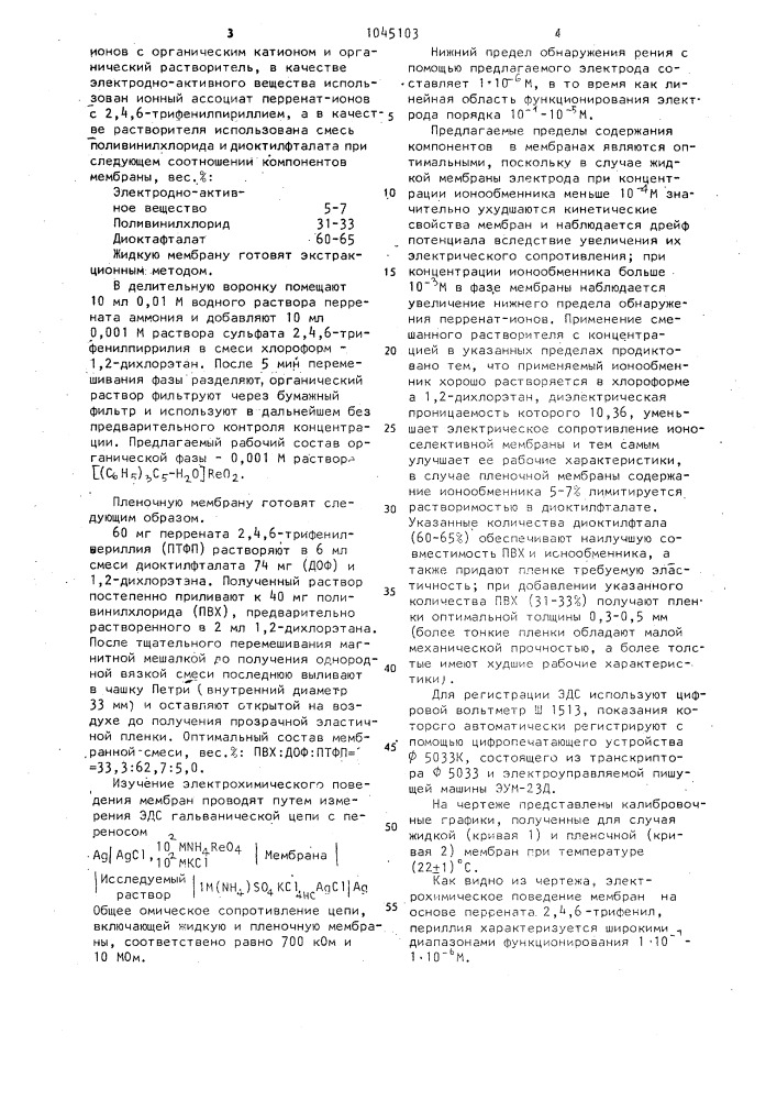 Состав мембраны ионоселективного электрода для определения активности перренат-ионов (его варианты) (патент 1045103)