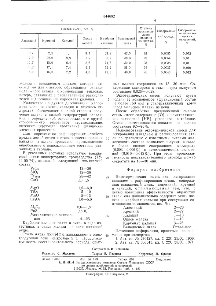 Экзотермическая смесь для легирования ванадием и рафинирования стали (патент 544682)
