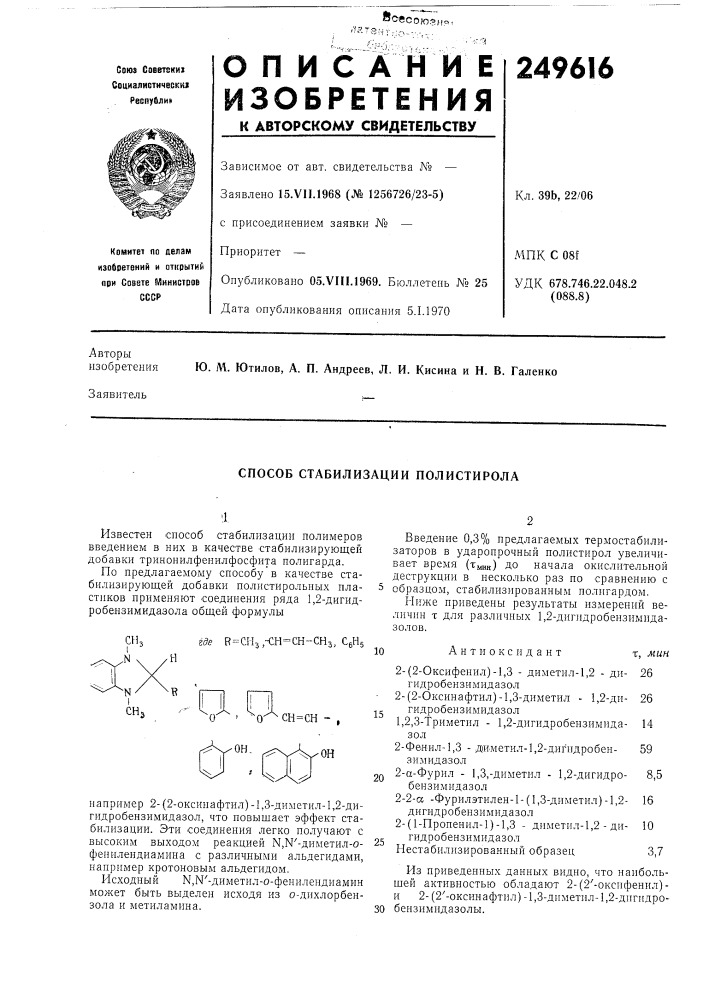 Способ стабилизации полистирола (патент 249616)