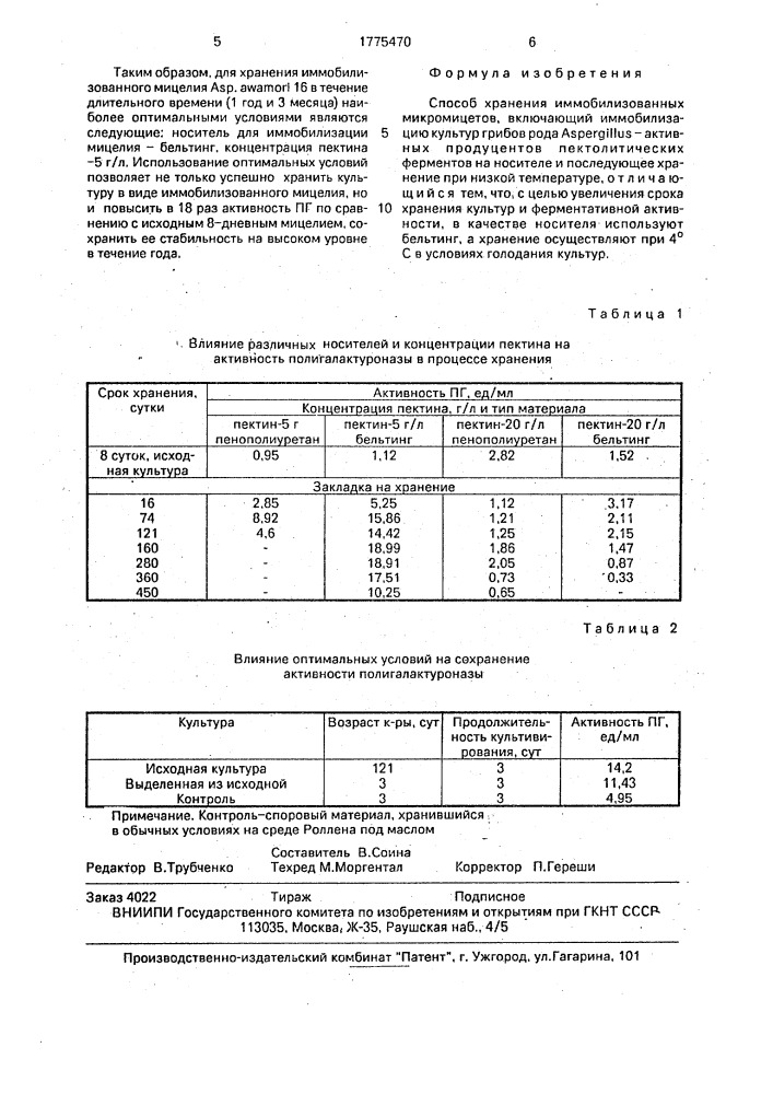 Способ хранения иммобилизованных микромицетов (патент 1775470)