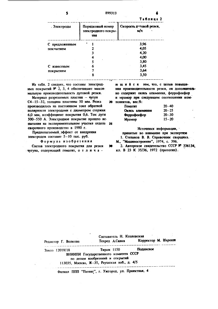 Состав электродного покрытия для резки чугуна (патент 899313)
