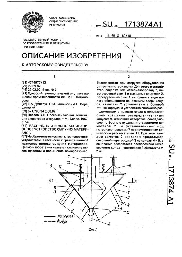 Распределительно-аспирационное устройство сыпучих материалов (патент 1713874)