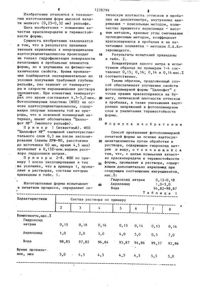 Способ проявления фотополимерной печатной формы на основе ацетосукцинатцеллюлозы (патент 1278799)