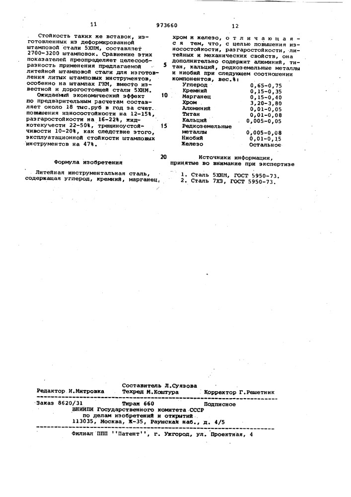 Литейная инструментальная сталь (патент 973660)