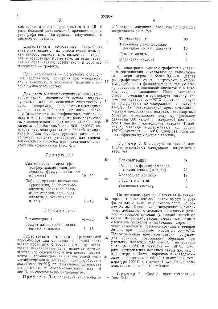 Антифрикционная пресс композиция "термоантрацитопласт" (патент 533609)