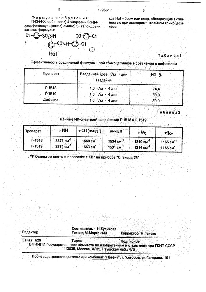 N-[3-(4-хлорбензоил)-4-хлорфенил]-2-[(4-хлорфенилсульфонил)- амино]-5-галоидбензамиды, обладающие активностью при экспериментальном трихоцефалезе (патент 1796617)