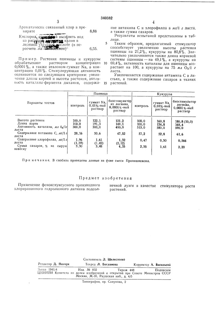 Стимулятор роста растений (патент 340382)