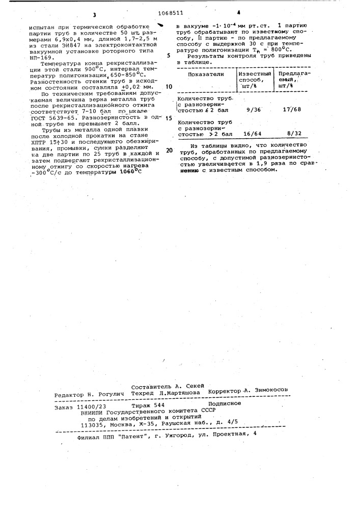 Способ термической обработки тонкостенных холоднодеформированных труб из нержавеющих однофазных сталей (патент 1068511)