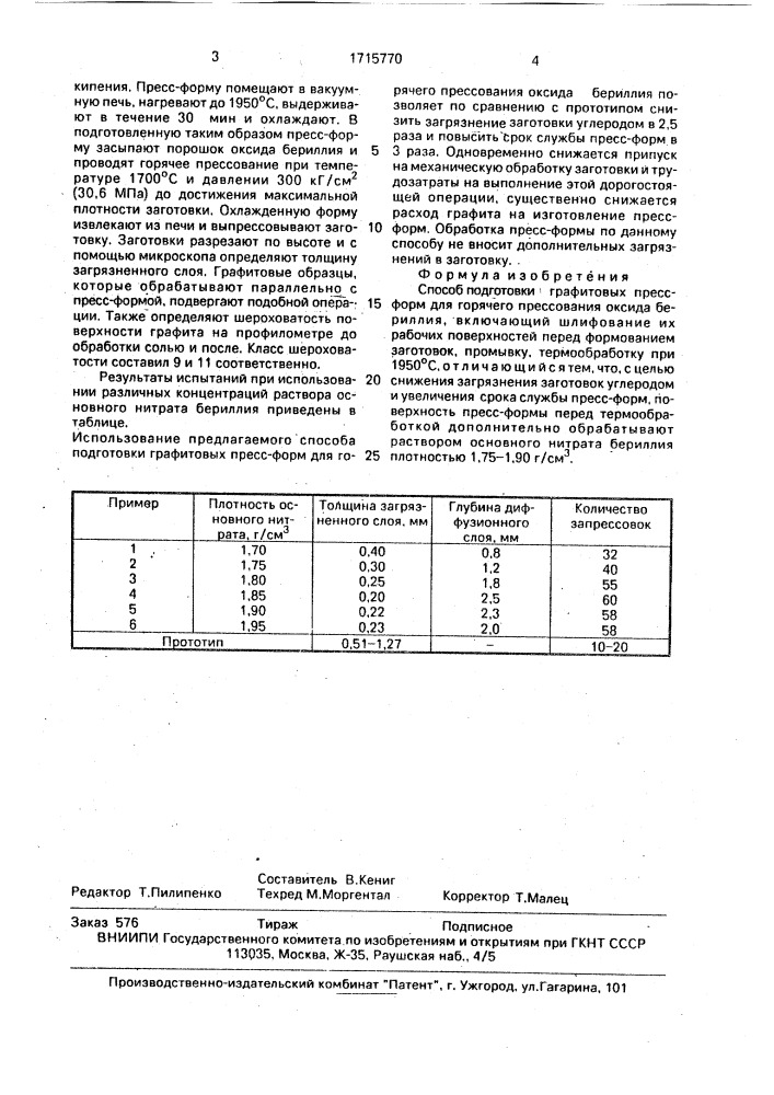 Способ подготовки графитовых пресс-форм для горячего прессования оксида бериллия (патент 1715770)