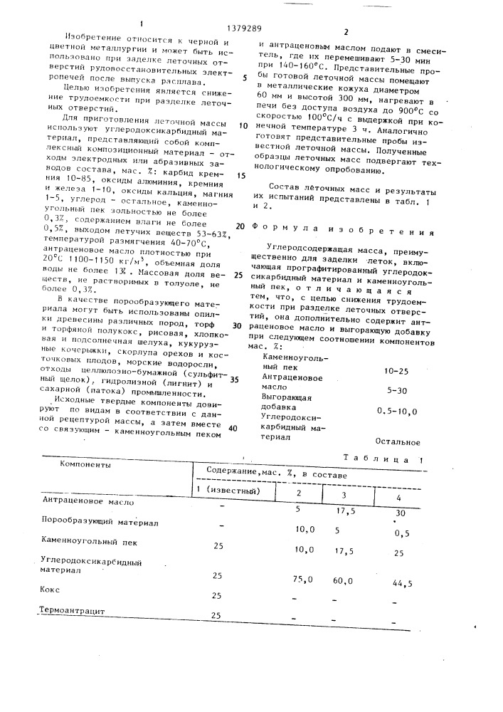 Углеродсодержащая масса (патент 1379289)