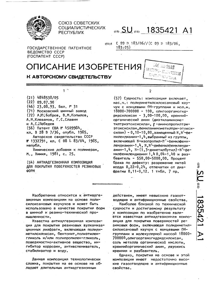 Антиадгезионная композиция для покрытия поверхностей резиновых форм (патент 1835421)