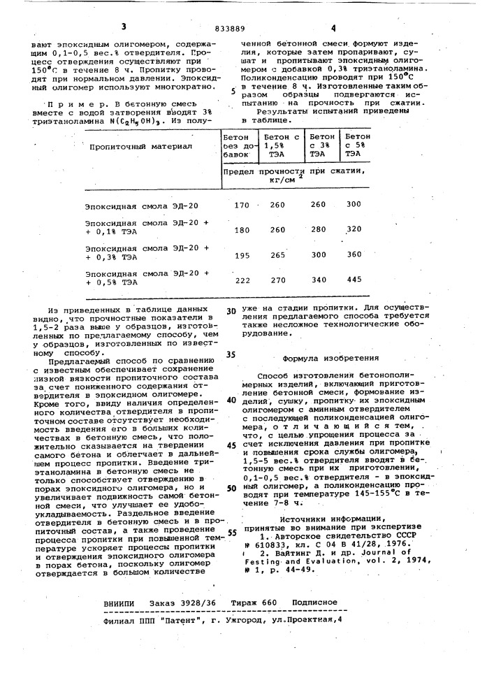 Способ изготовления бетонополимерныхизделий (патент 833889)