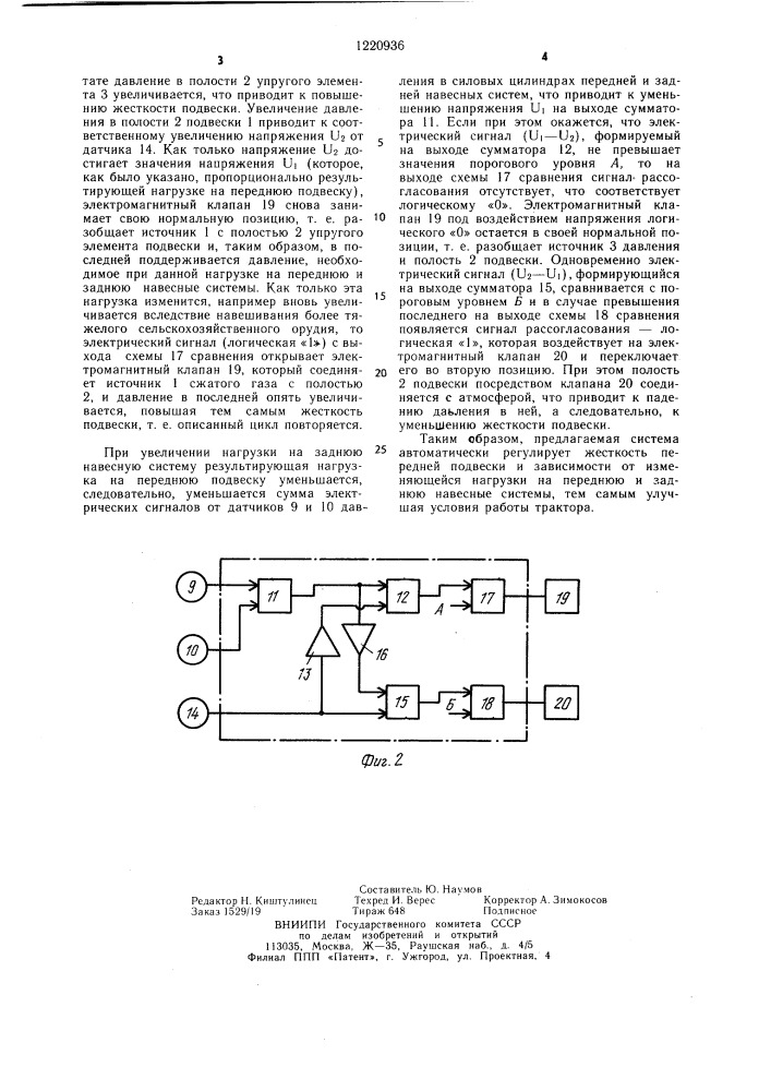 Система управления подвеской колесного трактора (патент 1220936)