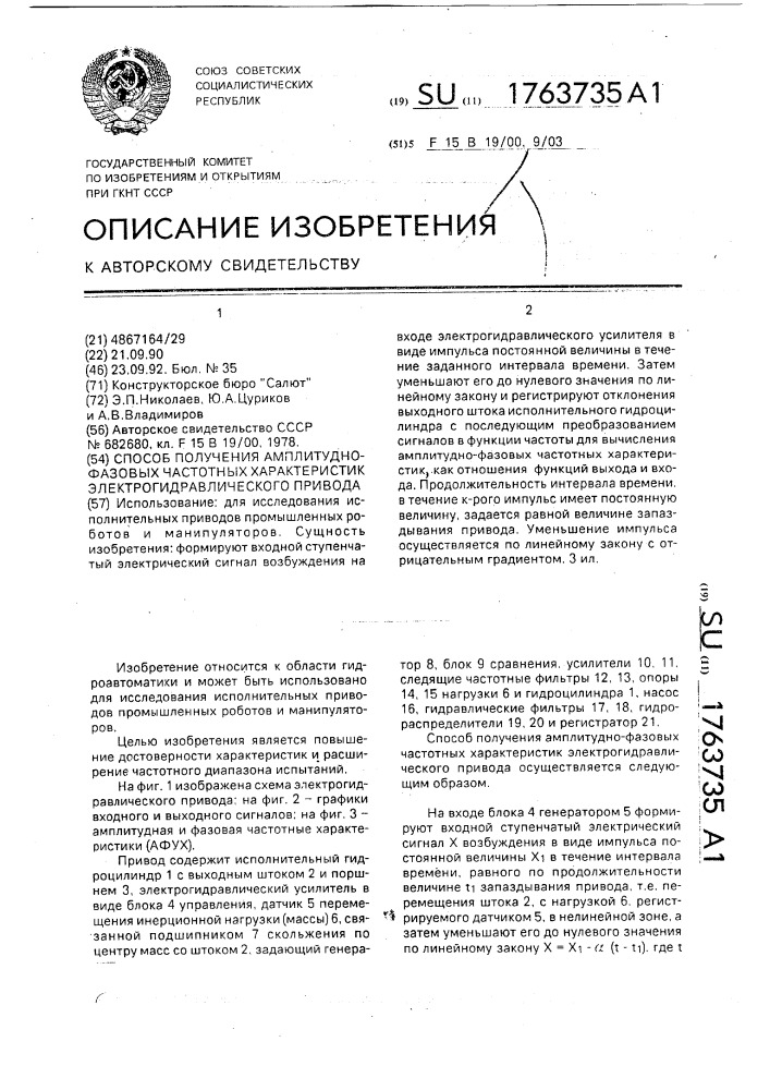 Способ получения амплитудно-фазовых частотных характеристик электрогидравлического привода (патент 1763735)
