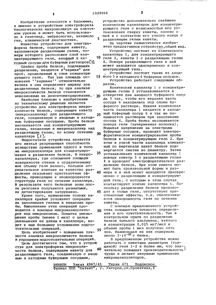 Устройство для электрофореза микроколичеств белков (патент 1029064)