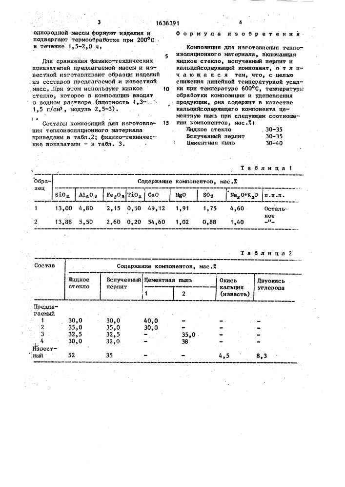 Композиция для изготовления теплоизоляционного материала (патент 1636391)