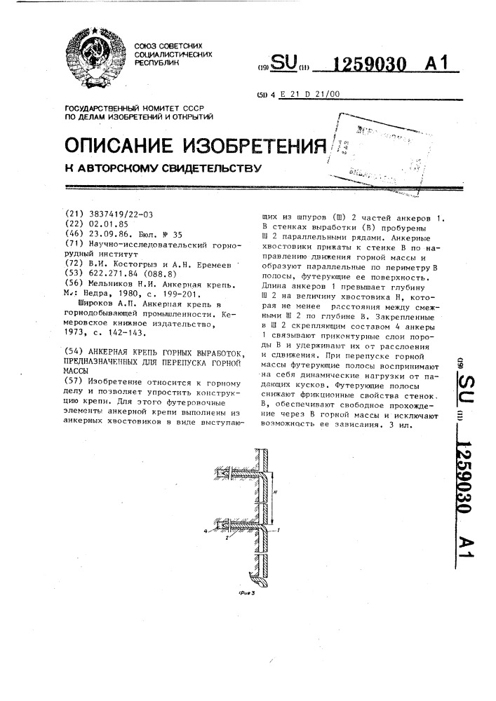 Анкерная крепь горных выработок,предназначенных для перепуска горной массы (патент 1259030)