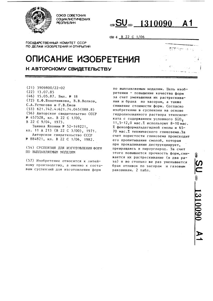 Суспензия для изготовления форм по выплавляемым моделям (патент 1310090)