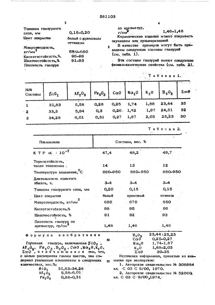 Глушеная глазурь (патент 581103)