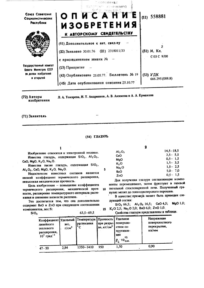 Глазурь (патент 558881)