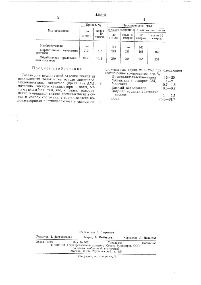 Состав для несминаемой отделки тканей из целлюлозных волокон (патент 443950)