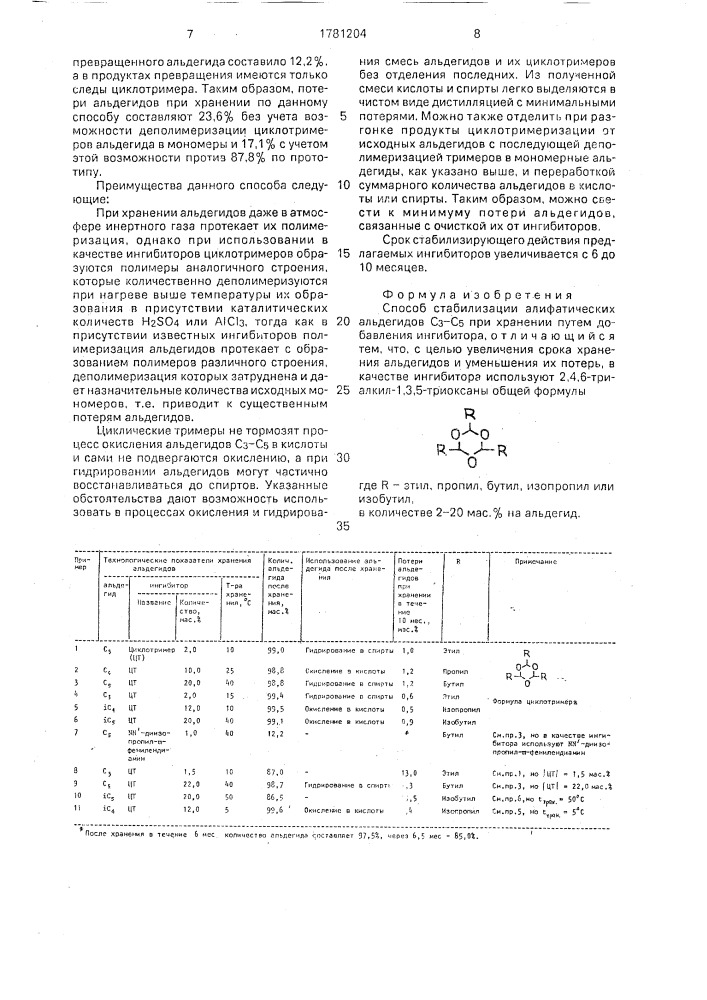 Способ стабилизации алифатических альдегидов с @ - с @ (патент 1781204)