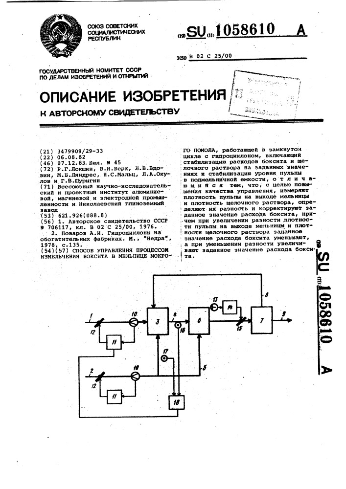 Способ управления процессом измельчения боксита в мельнице мокрого помола (патент 1058610)