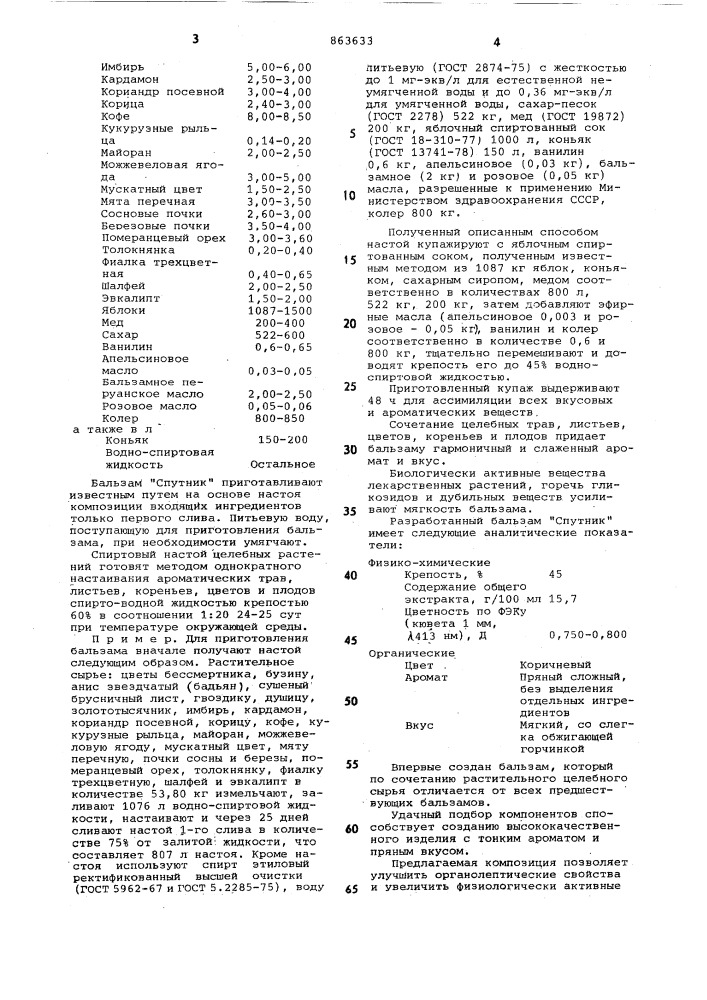 Композиция ингредиентов для бальзама "спутник (патент 863633)