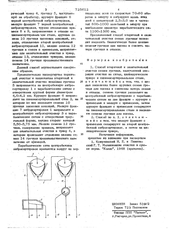 Способ вторичной и окончательной очистки семян гречихи (патент 725612)