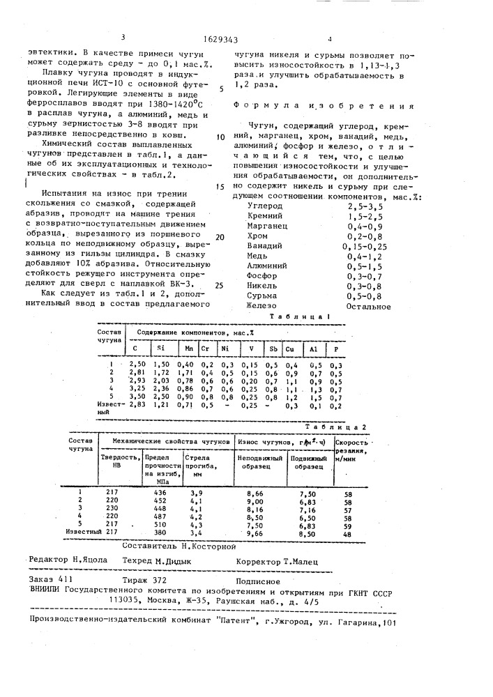 Чугун (патент 1629343)