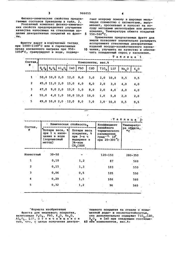 Фритта для эмалевого покрытия (патент 966055)