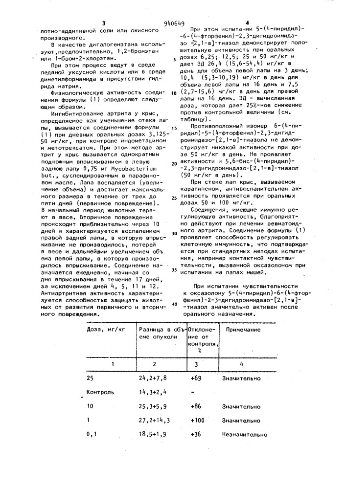 Способ получения 5-(4-пиридил)-6-(4-фторфенил)-2,3- дигидроимидазо-(2,1-в)тиазола или его кислотно-аддитивной соли или окисного производного (патент 940649)