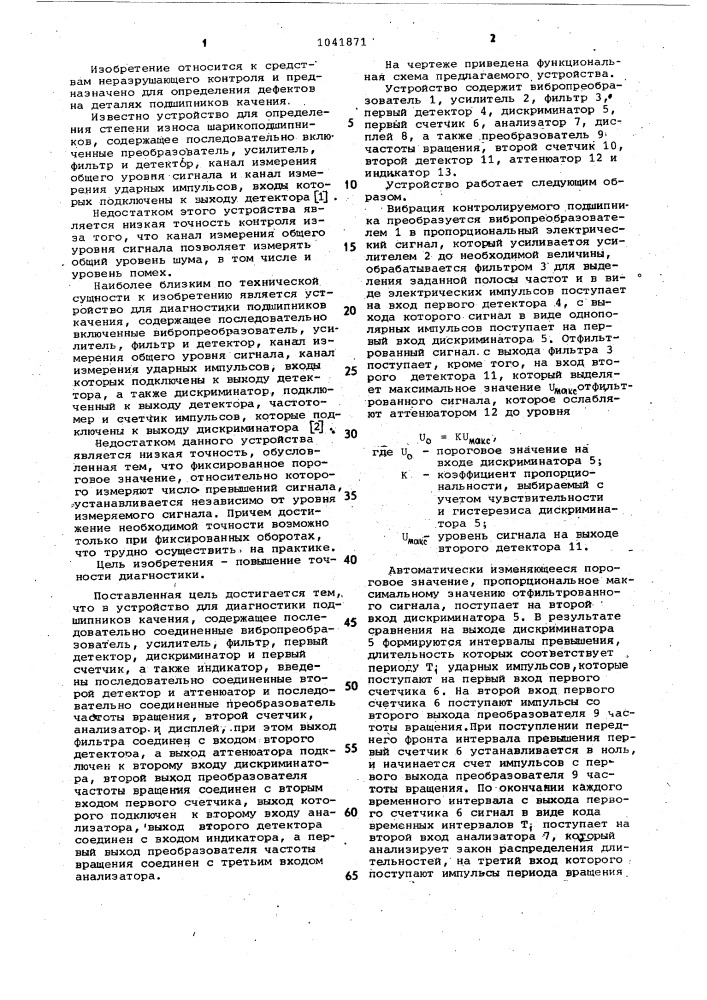Устройство для диагностики подшипников качения (патент 1041871)