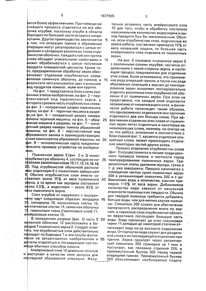 Способ отделения отрубянистой оболочки от пшеничных зерен и устройство для его осуществления (патент 1837965)