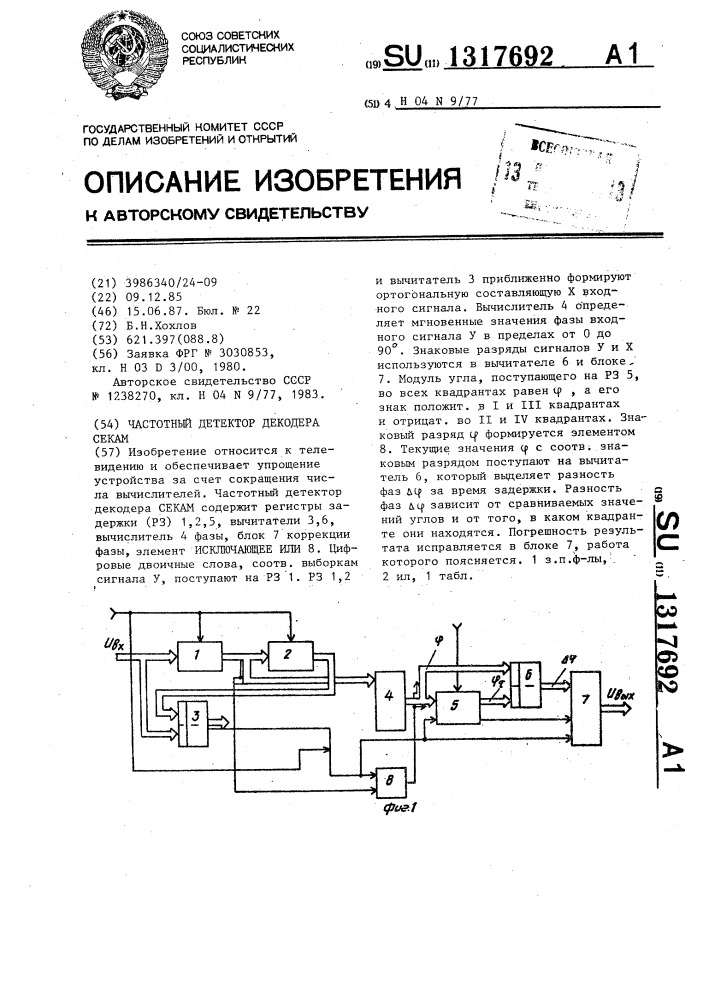 Частотный детектор декодера секам (патент 1317692)