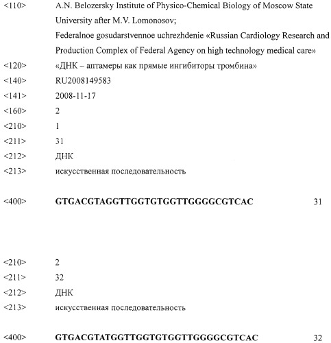 Аптамерный олигонуклеотид - прямой ингибитор тромбина (патент 2401306)