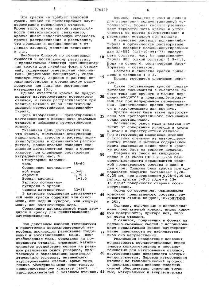 Противопригарная краска для литейных форм и стержней (патент 876259)