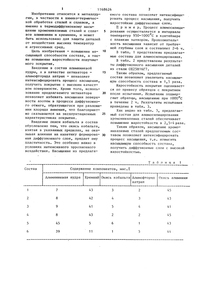 Состав для алюмосилицирования изделий из хромоникелевых сталей (патент 1168626)