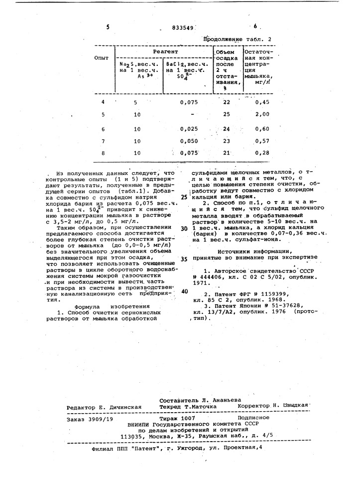 Способ очистки сернокислых растворовот мышьяка (патент 833549)