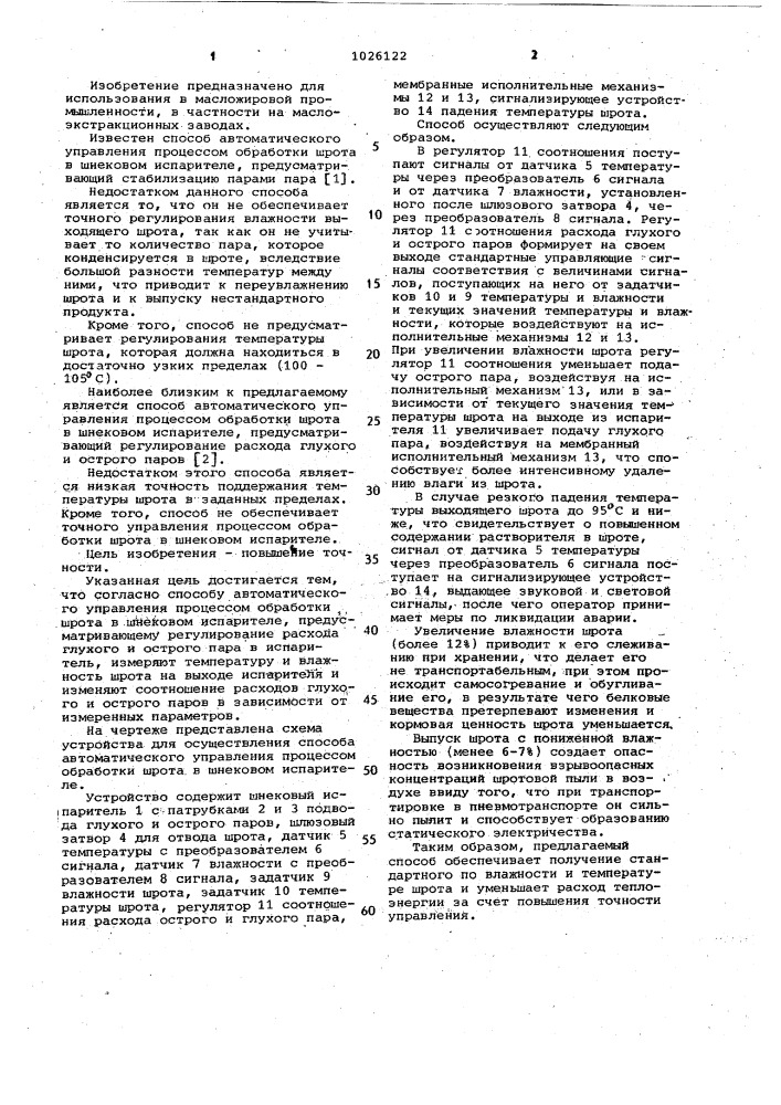 Способ автоматического управления процессом обработки шрота в шнековом испарителе (патент 1026122)