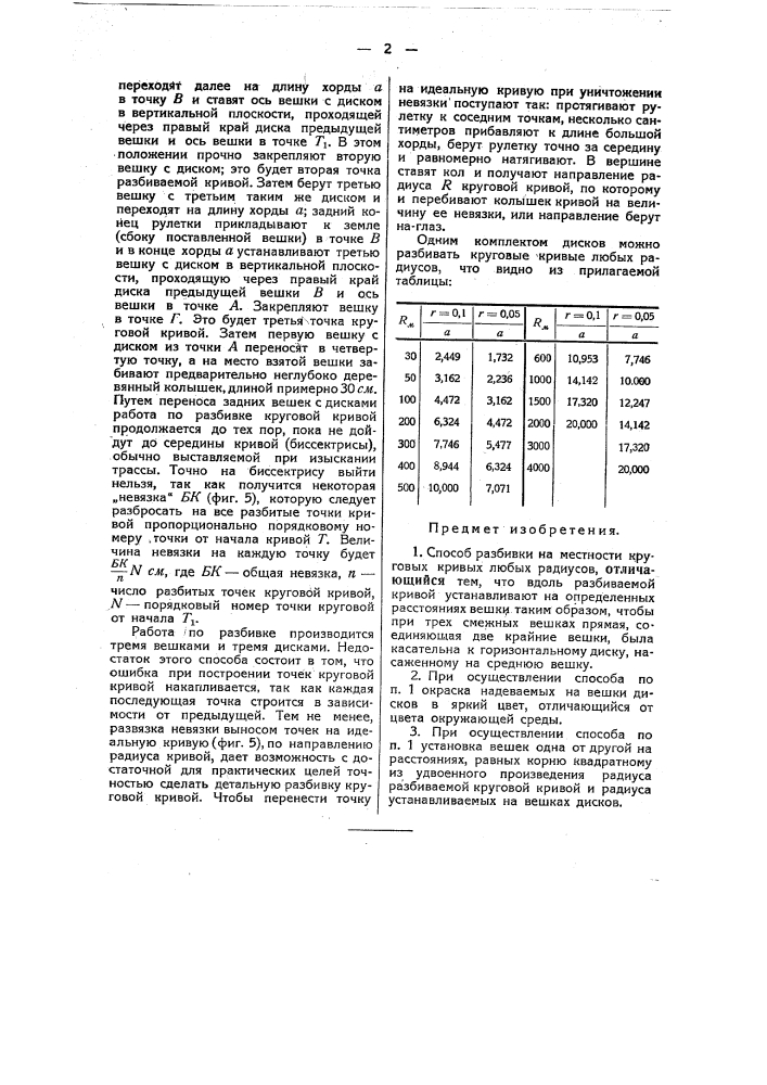 Способ разбивки на местности круговых кривых (патент 49288)