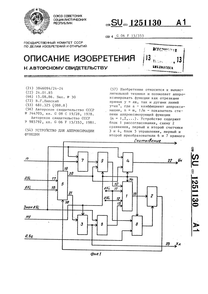 Устройство для аппроксимации функций (патент 1251130)