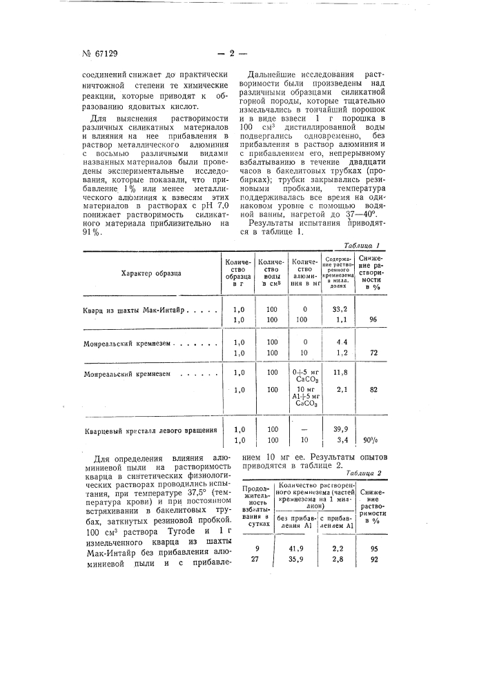 Способ нейтрализации вредного действия силикатной пыли на органы дыхания (патент 67129)