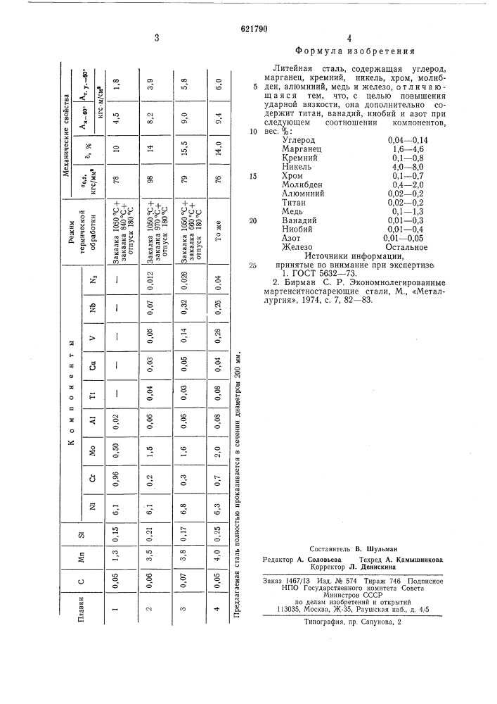 Литейная сталь (патент 621790)